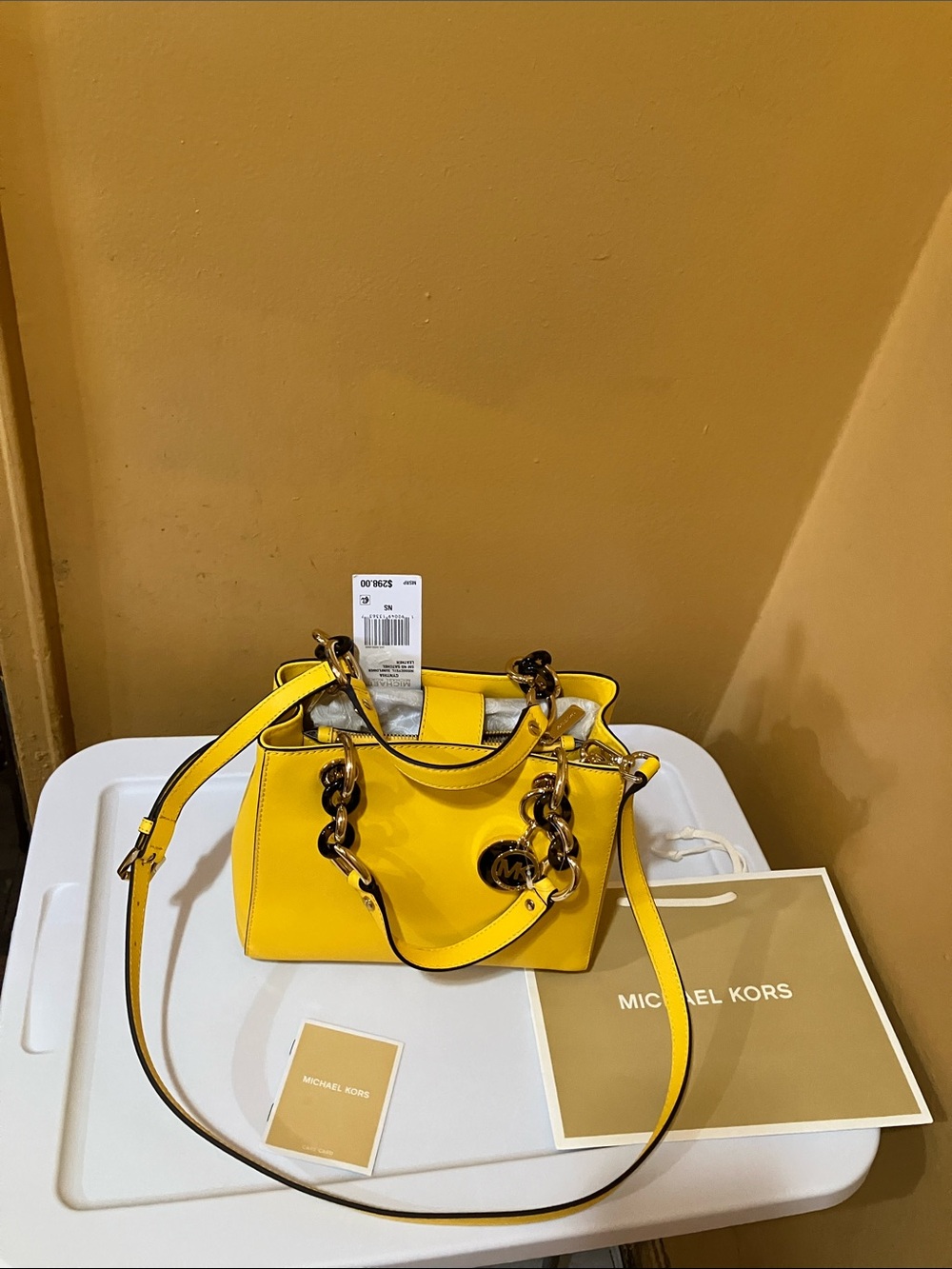 Michael Kors  Cynthia Sunflower Leather Satchel with Chain-Detail Handles